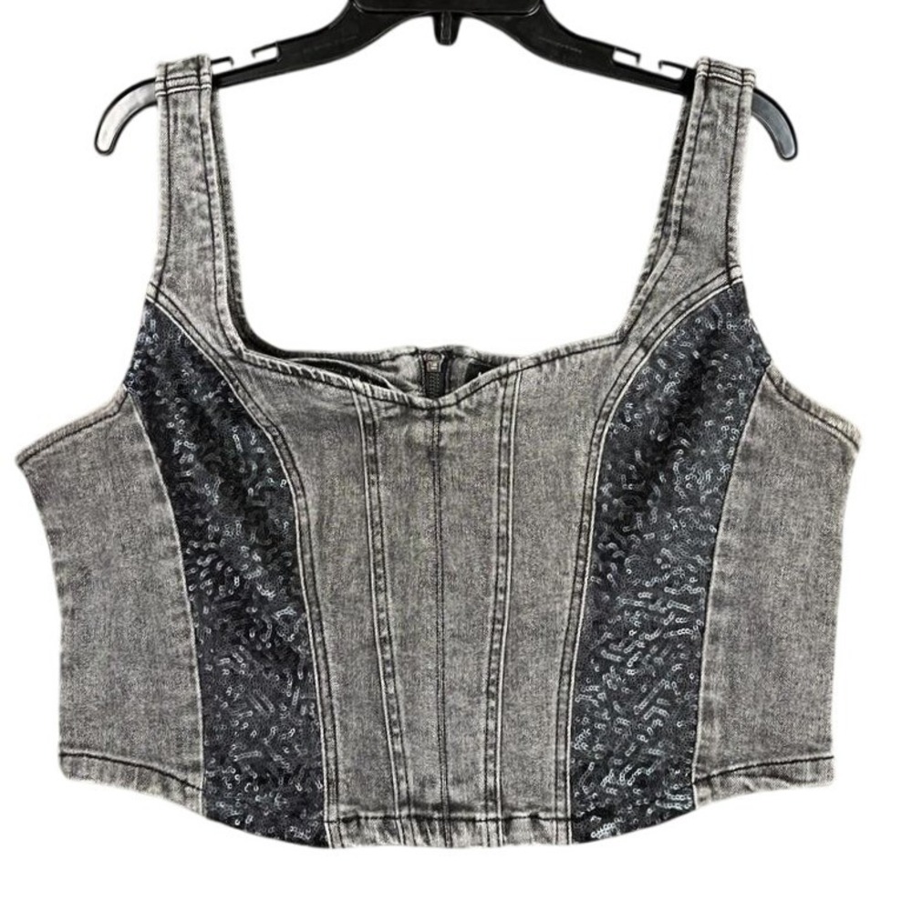 Bebe Shirt Womens XL Gray Lace Insert‎ Denim Bustier Stretch Cropped Tank Top